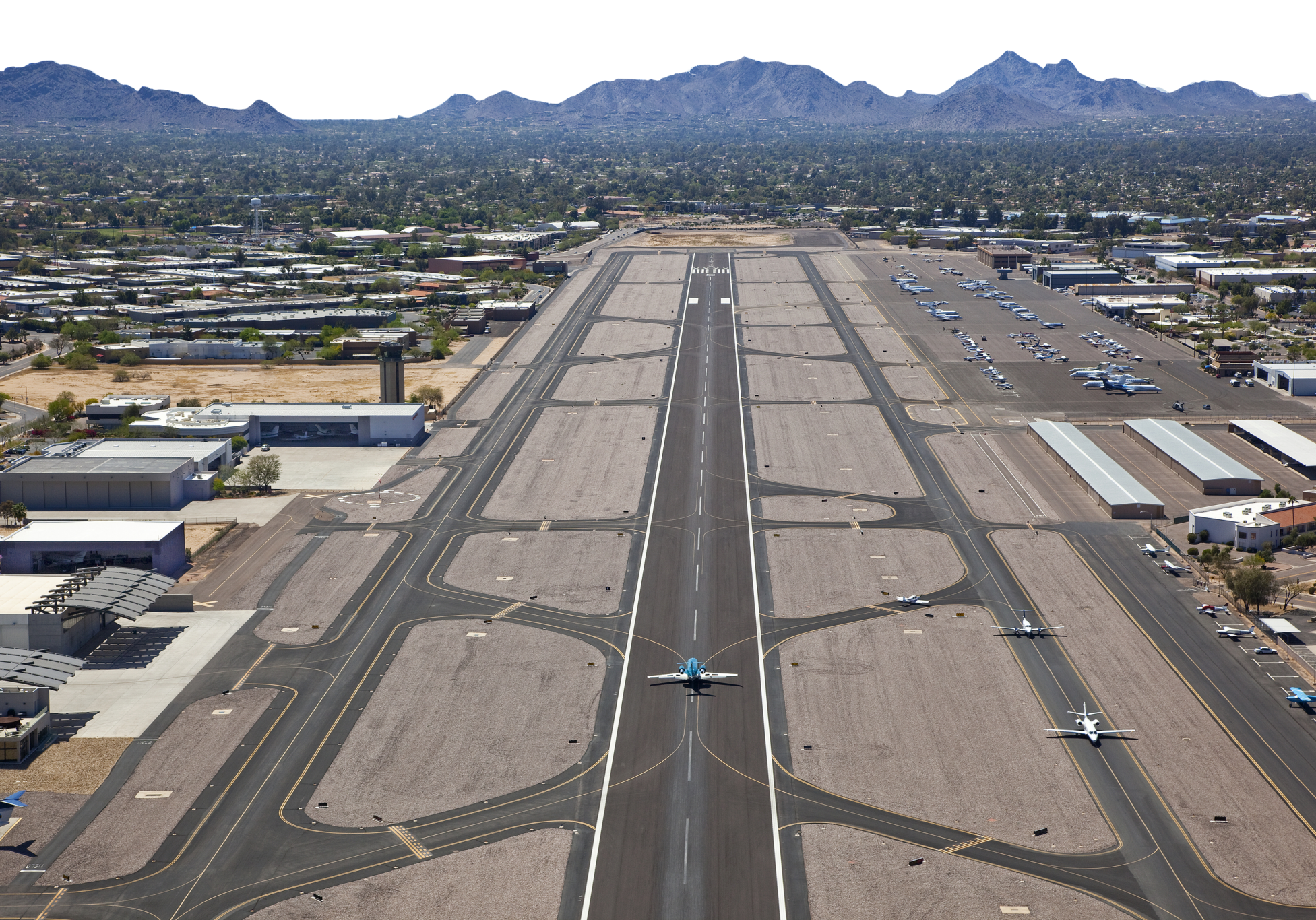 Aerial of Scottsdale airport looking down the runway